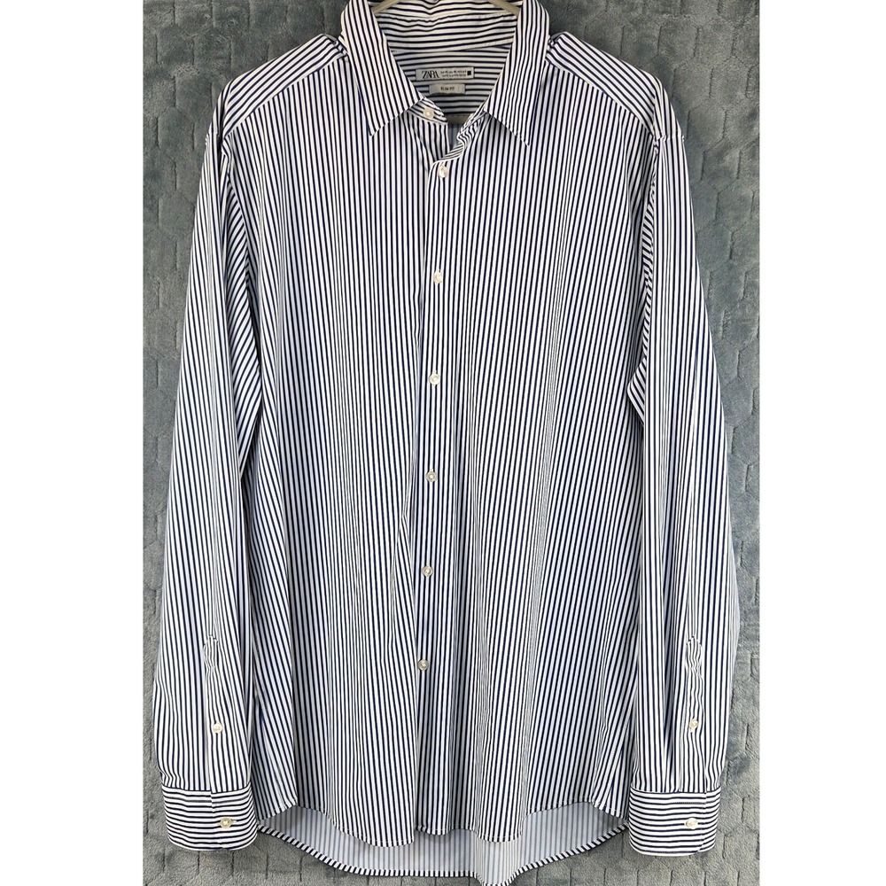 Zara Slim Fit Mens XL Navy Blue White Striped Long Sleeve Button Down Shirt